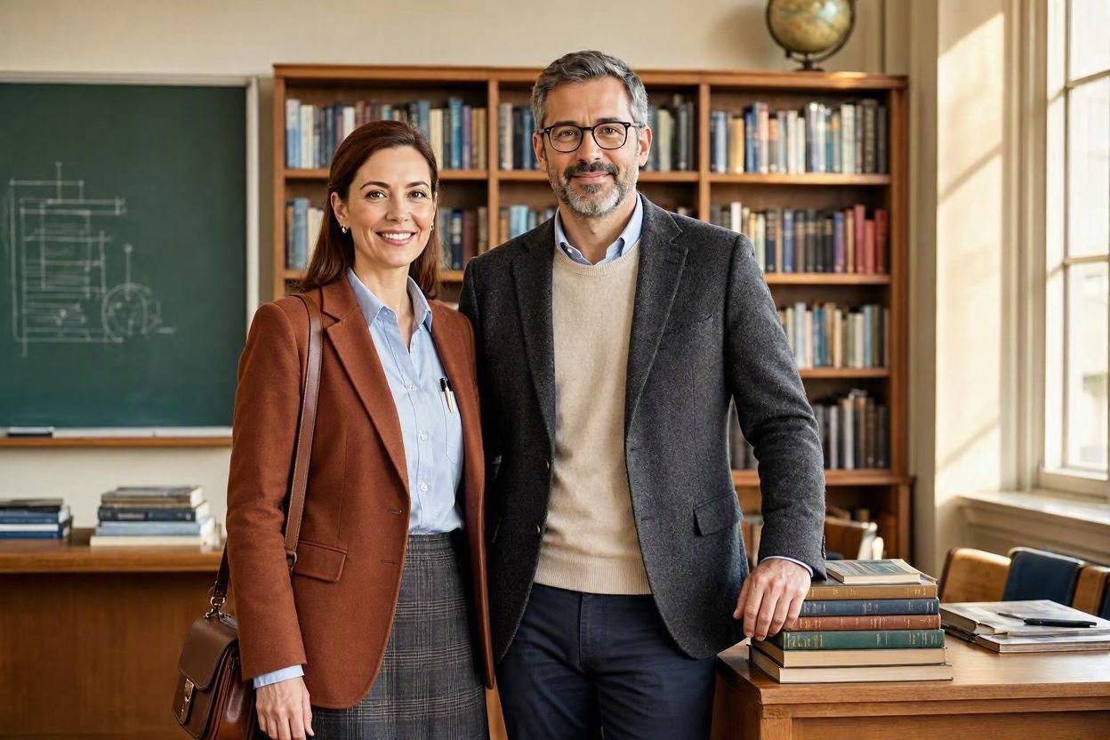 Illustrative stock photograph of two education professionals in a library setting